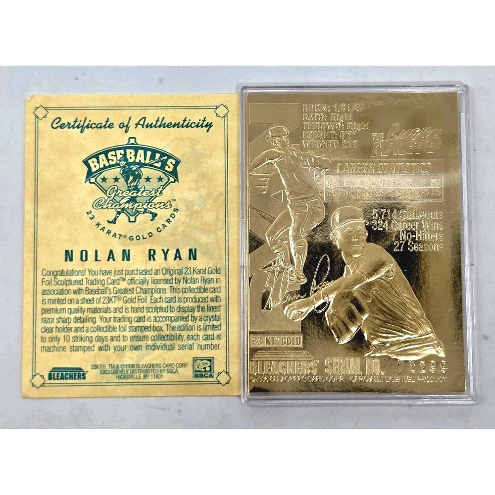 1996 Bleachers Baseballs Greatest Champions Nolan Ryan 23k Gold Card COA VINTAGE